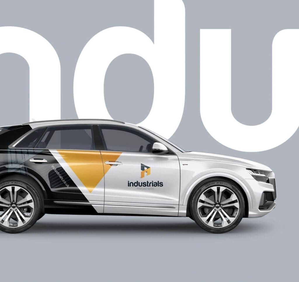 An image of an Audio Etron showing the car branding for Industrials REIT design by Crux Design agency