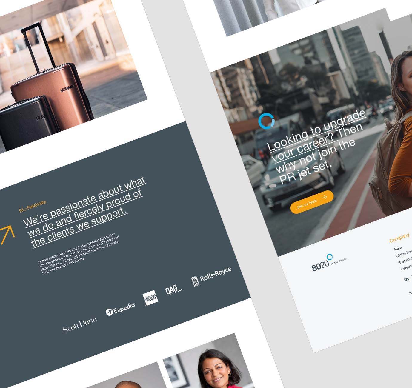 A square image showing the pages of a website for 8020 Communications designed by Crux Digital Agency