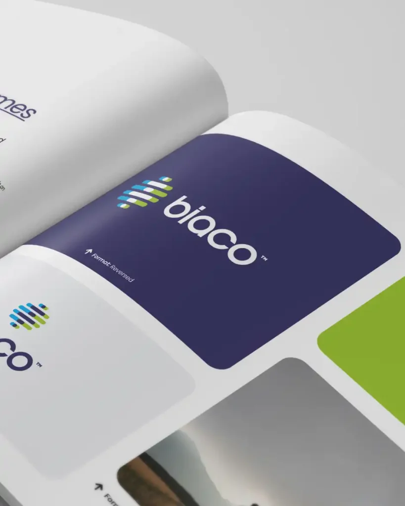Biaco logo application — brand guideline spread Biaco logo shown across reversed and primary background formats within the brand guideline book.