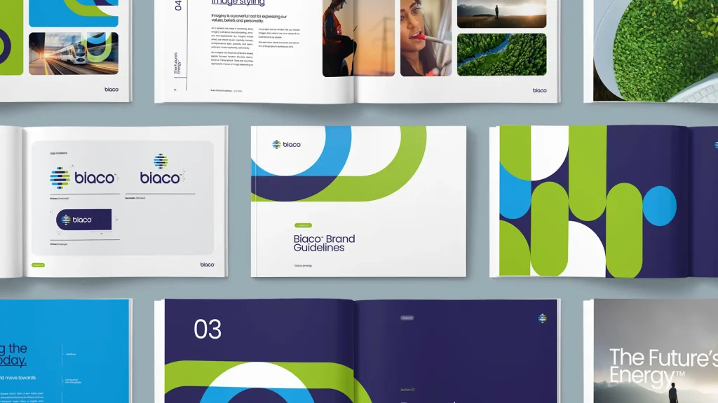 Biaco logo system and graphic language Guideline spreads showing Biaco logo lockups and curved graphic shapes.