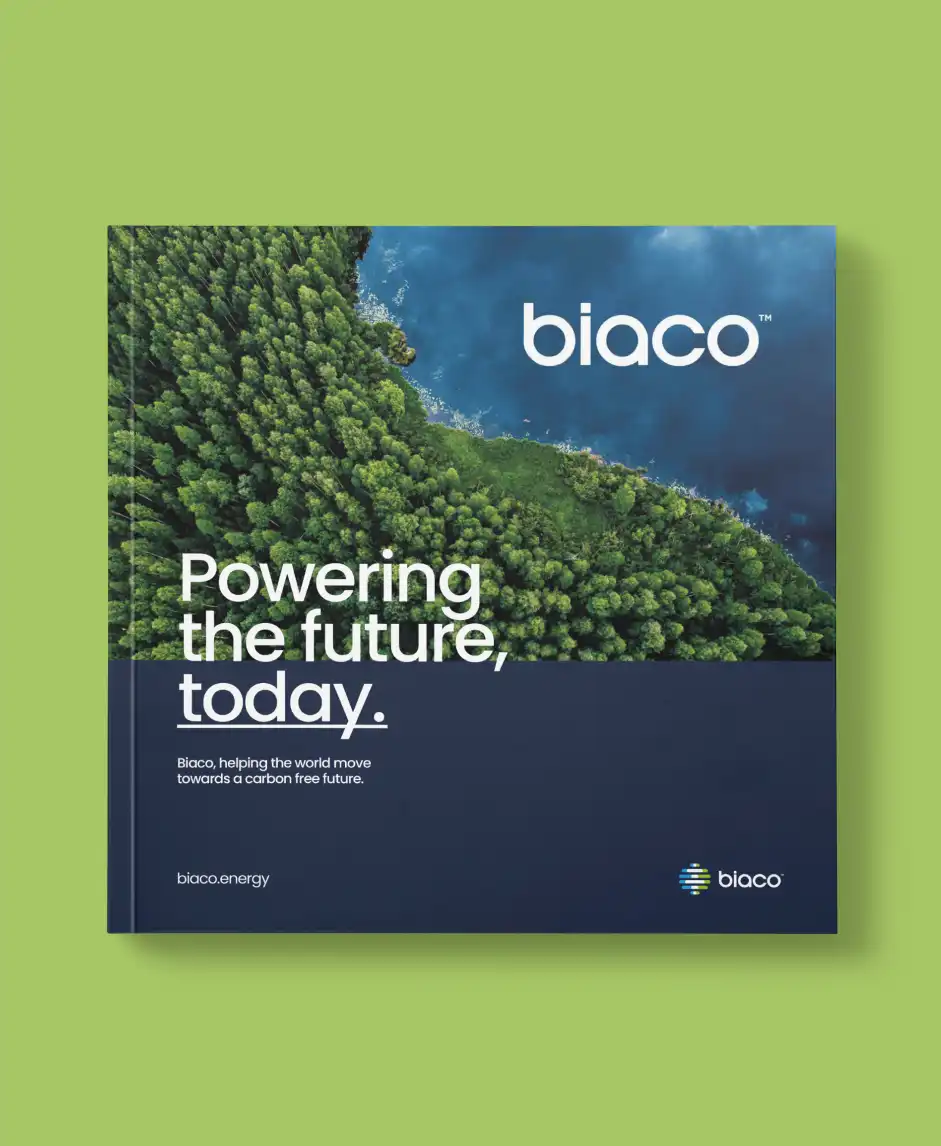 Biaco brochure cover with forest shoreline and headline.