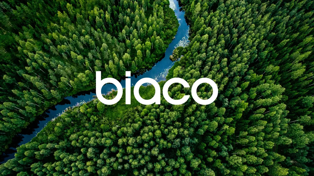 Biaco logotype placed over an aerial forest scene.