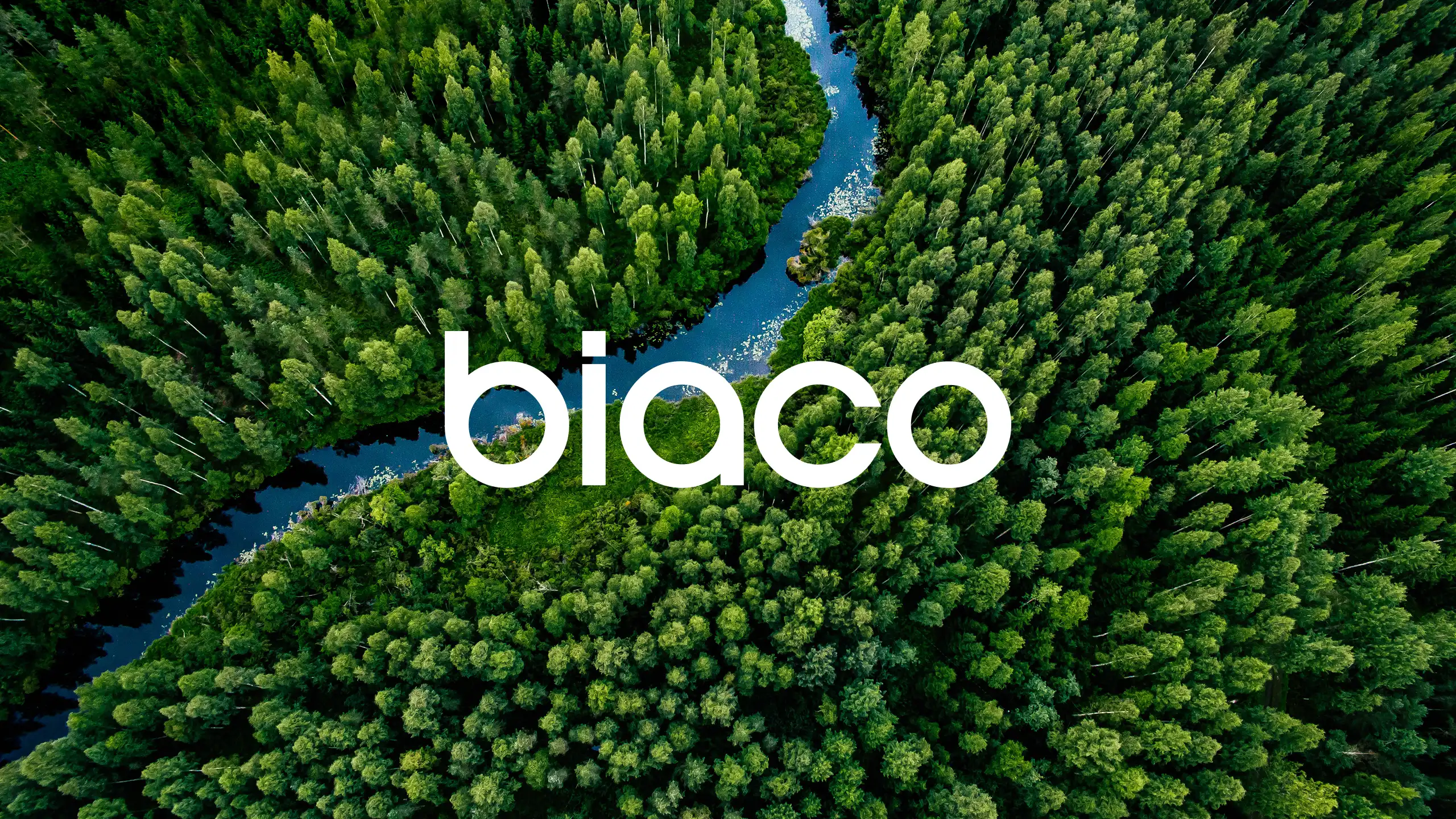 Biaco logotype placed over an aerial forest scene.