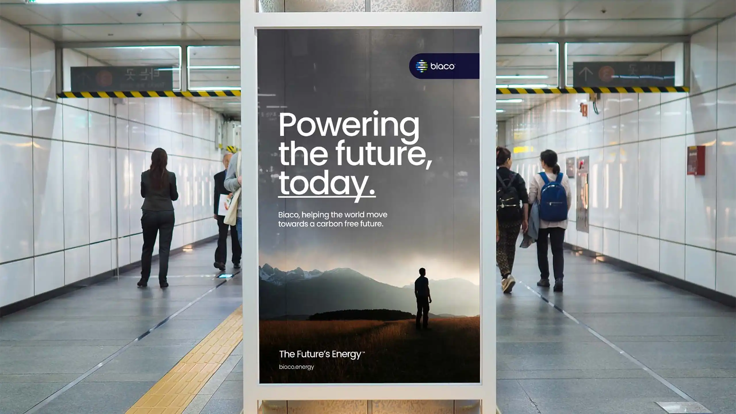 Transit lightbox poster with “Powering the future, today.” headline.