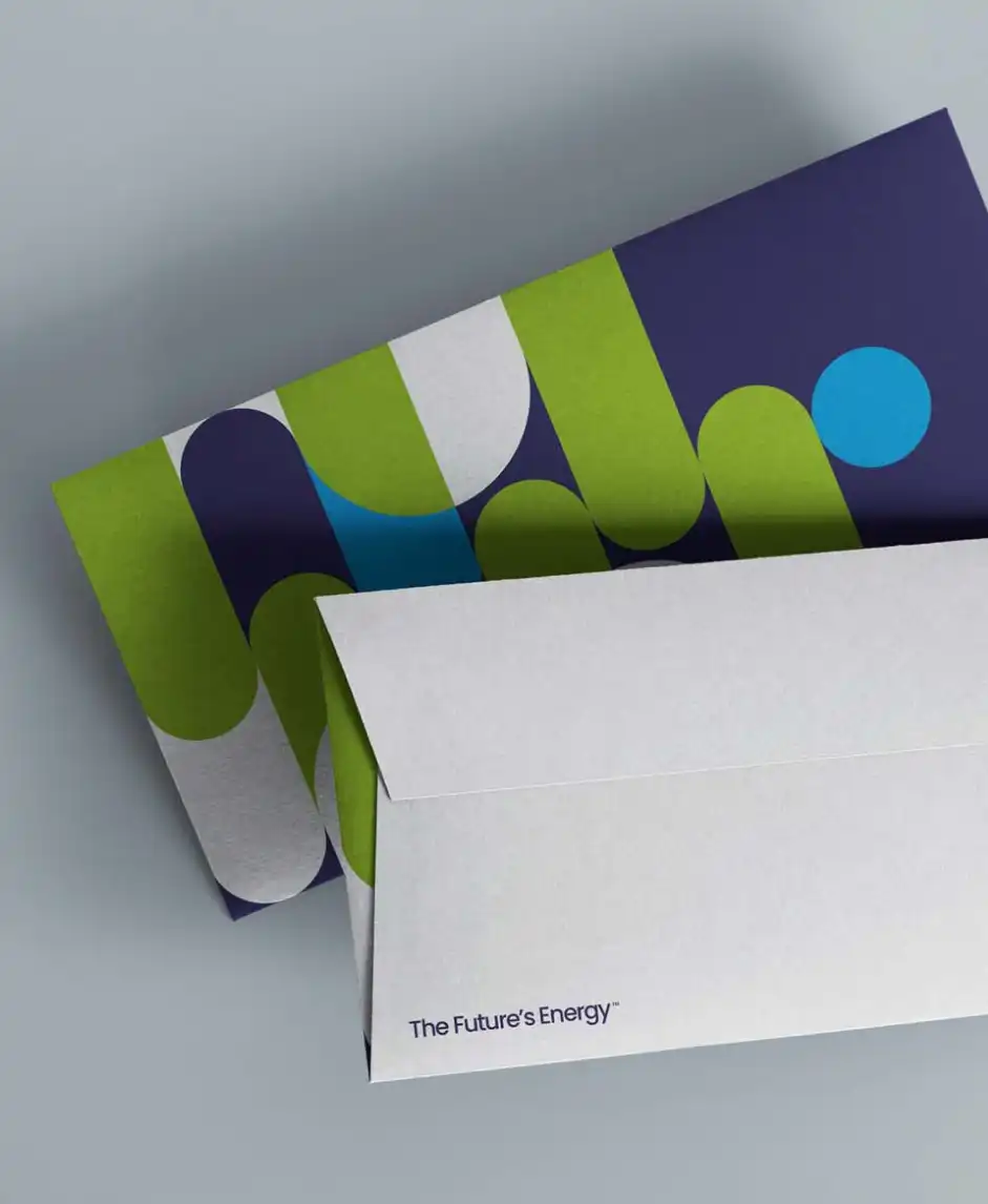 Branded Biaco envelope showing graphic pattern and tagline ‘The Future’s Energy.’