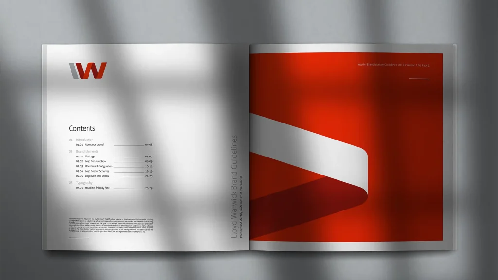 Lloyd Warwick International brand guidelines contents spread