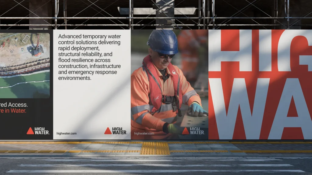 High Water construction hoarding design featuring large-scale branding, engineering messaging and project photography.